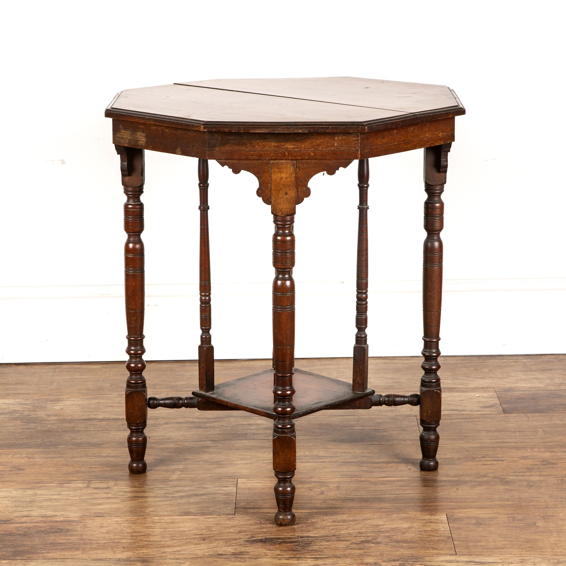 Aesthetic movement walnut, octagonal topped table, on turned legs, unmarked, 60cm wide x 67cm high - Image 5 of 6