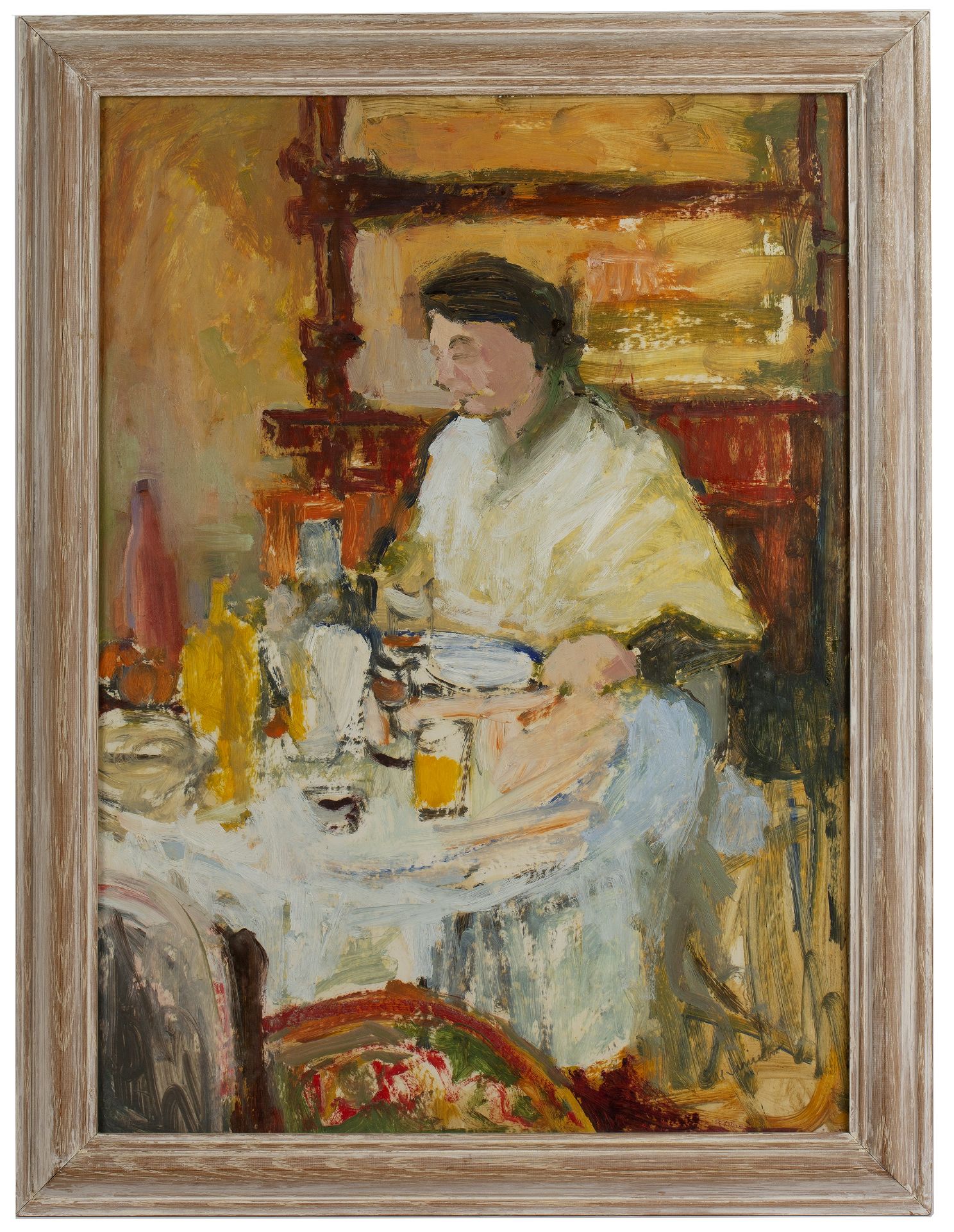 Sue Jamieson (Contemporary) 'Lady at breakfast', oil, signed lower right, 60cm x 43cm Overall - Image 2 of 3