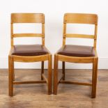 Attributed to Heals pair of oak-framed chairs with bar backs, reupholstered red seats, with stylised