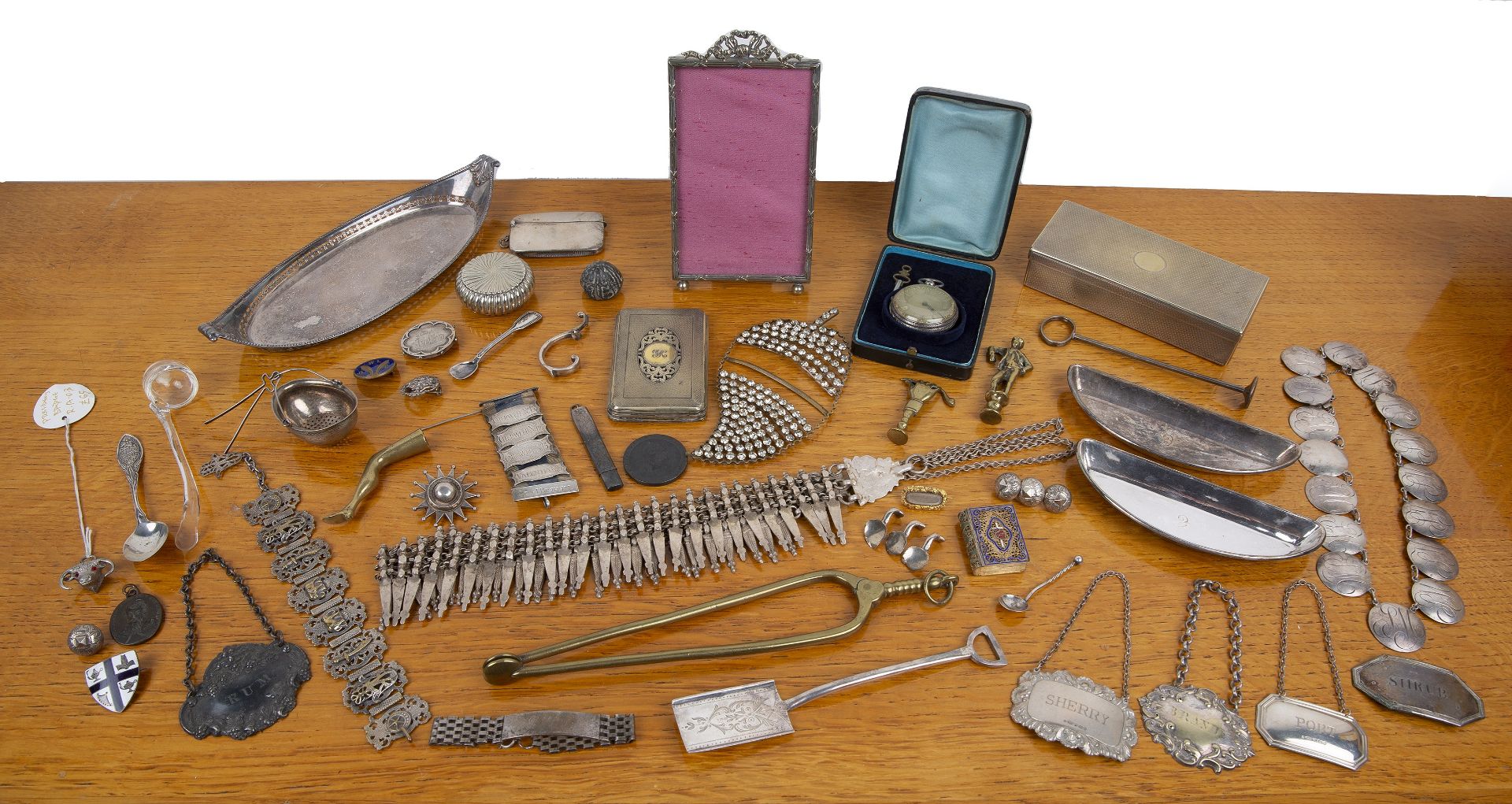 Collection of silver and miscellaneous items including: silver pocket watch, EPNS photo frame, paste