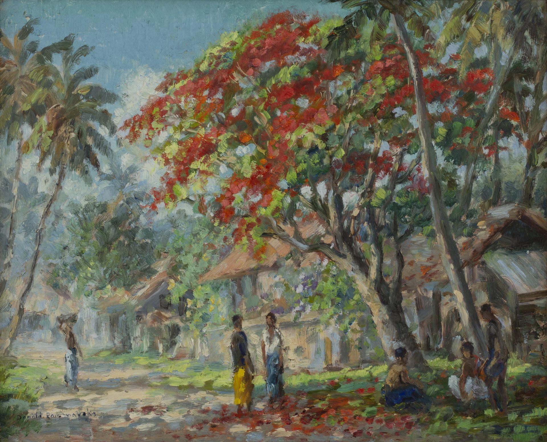 Donald Ramanayake (1920-1993) 'Sri Lankan village scene', oil on panel, signed and dated 1948