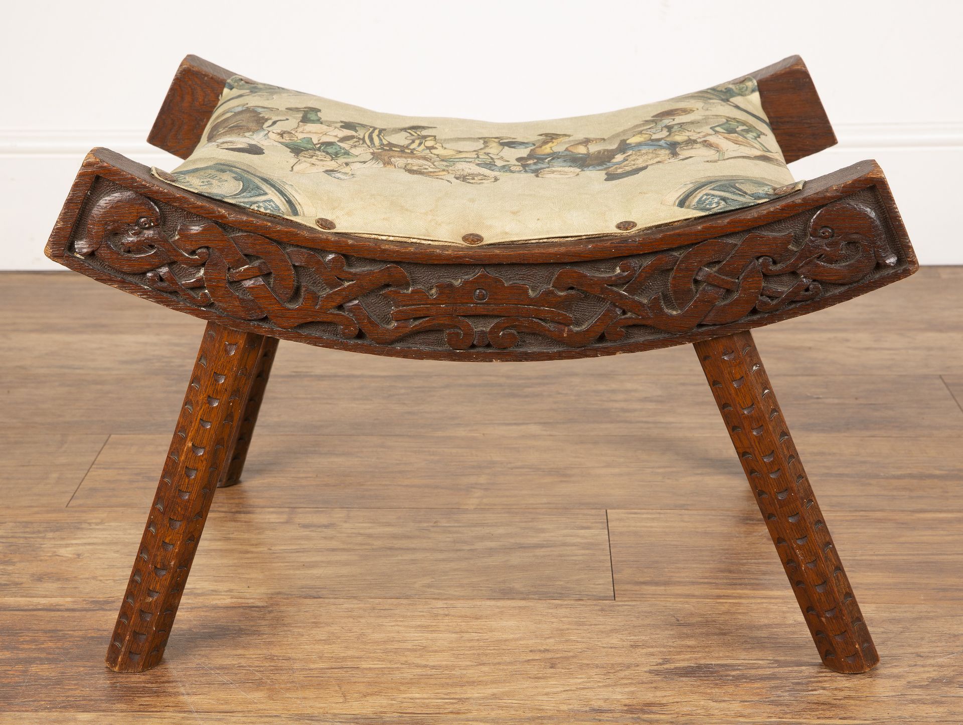 Celtic style carved wooden stool In the manner of Alexander Ritchie from Iona, oak, with upholstered - Image 4 of 6
