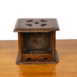 Foot warmer or stove oak, 19th Century, with carved pierced top on plinth base, 23cm wide x 19.5cm