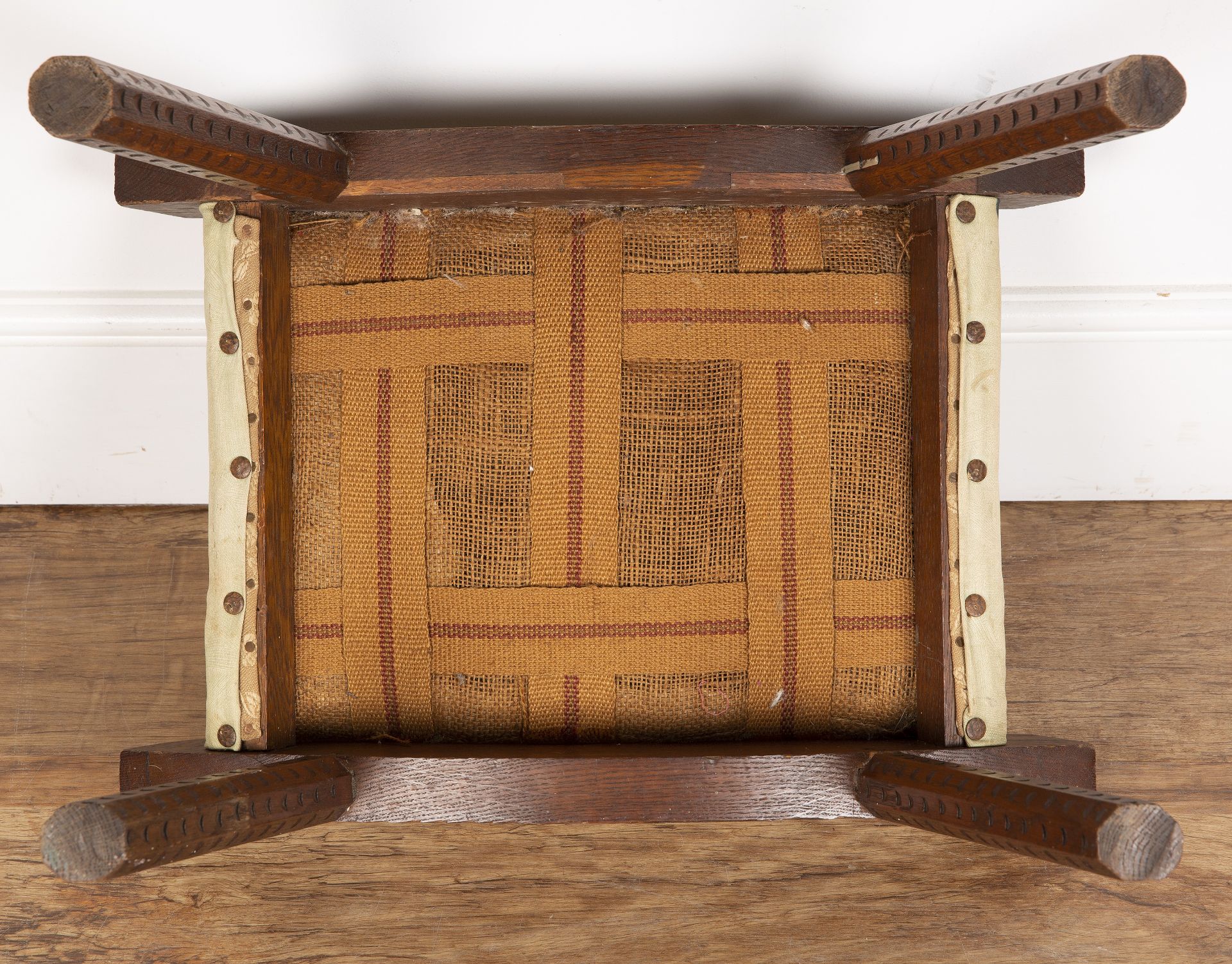 Celtic style carved wooden stool In the manner of Alexander Ritchie from Iona, oak, with upholstered - Image 6 of 6