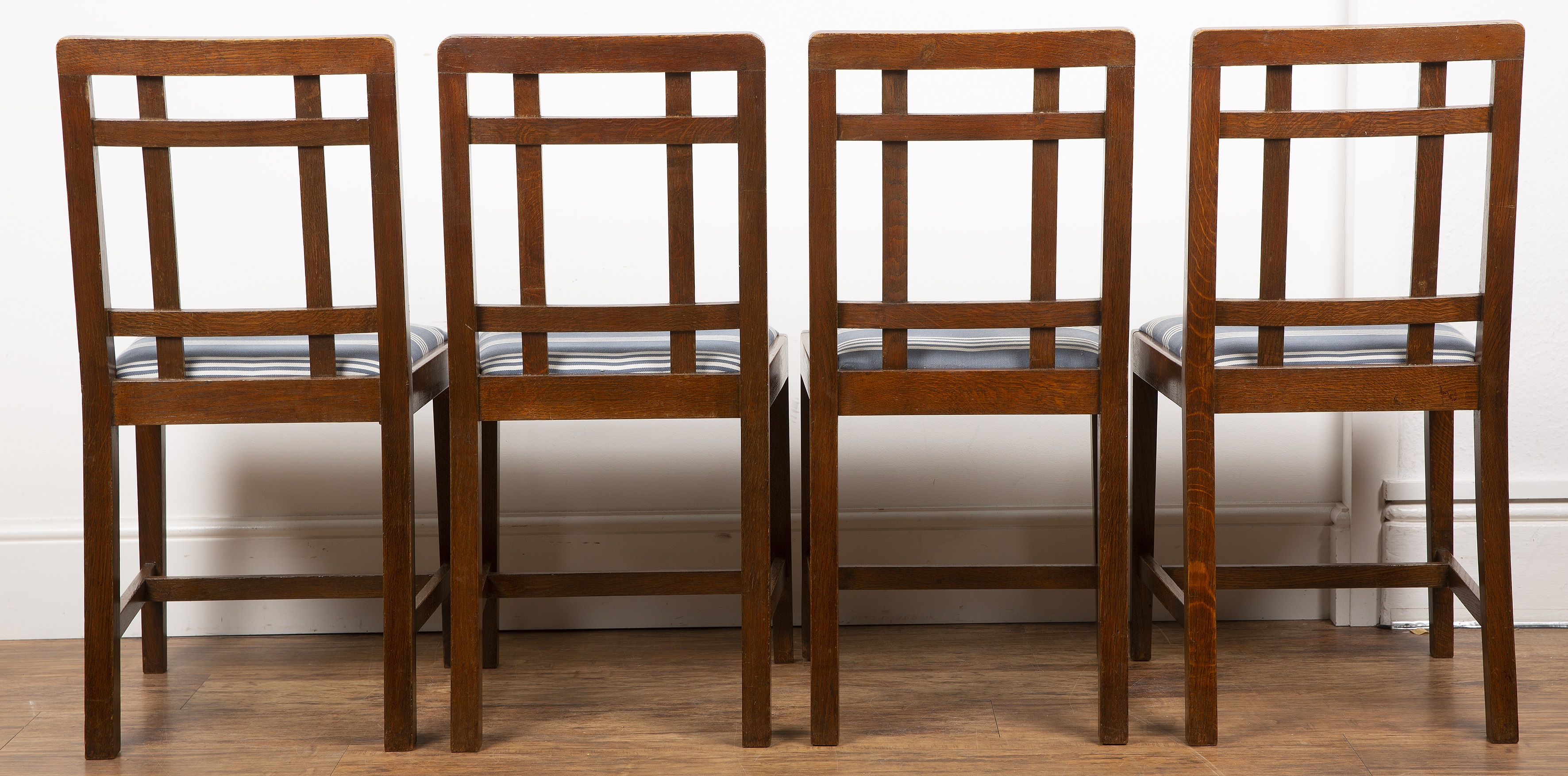 Paul Matt for Brynmawr furniture oak, set of four 'Mount' dining chairs, the seats with striped - Image 2 of 14