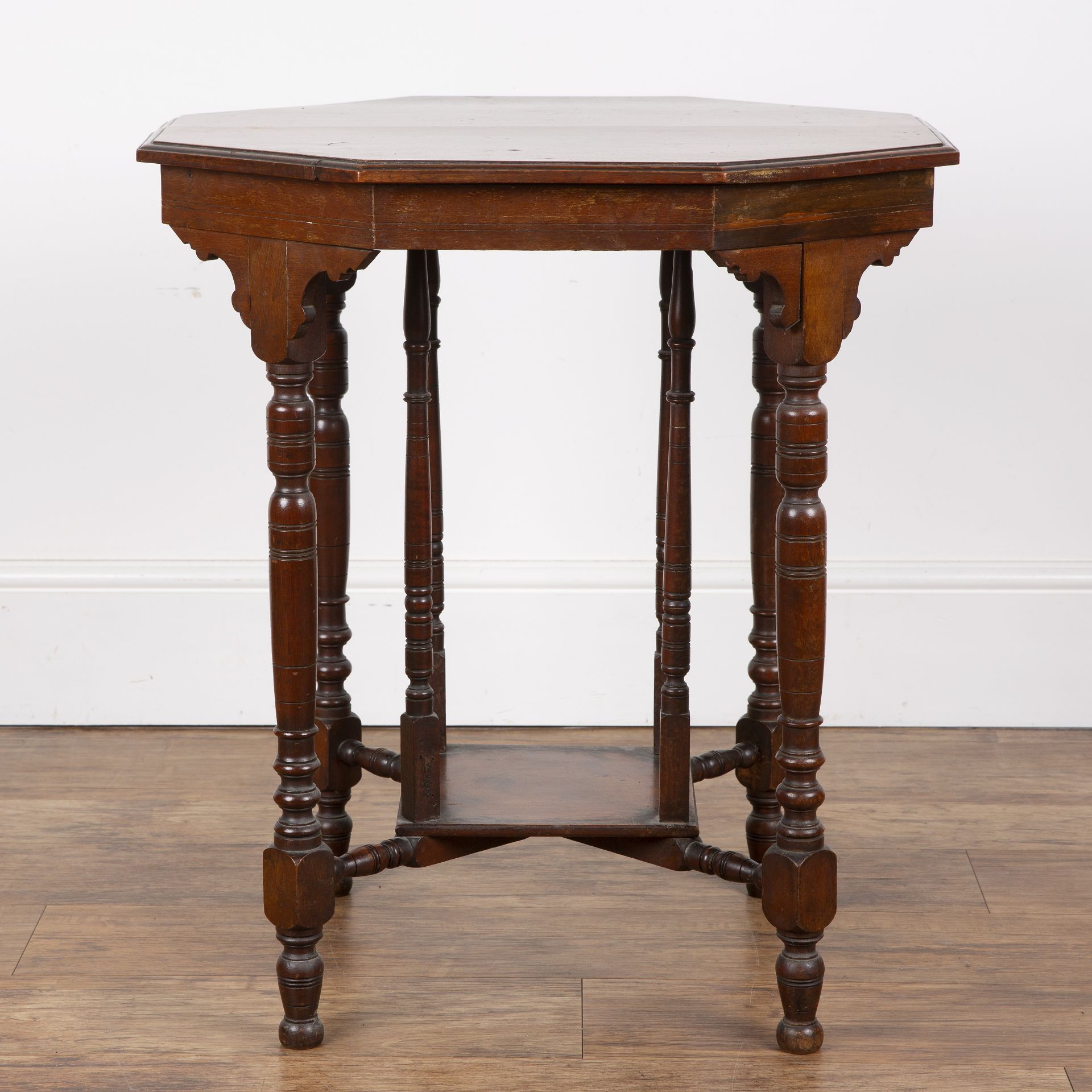 Aesthetic movement walnut, octagonal topped table, on turned legs, unmarked, 60cm wide x 67cm high - Image 3 of 6