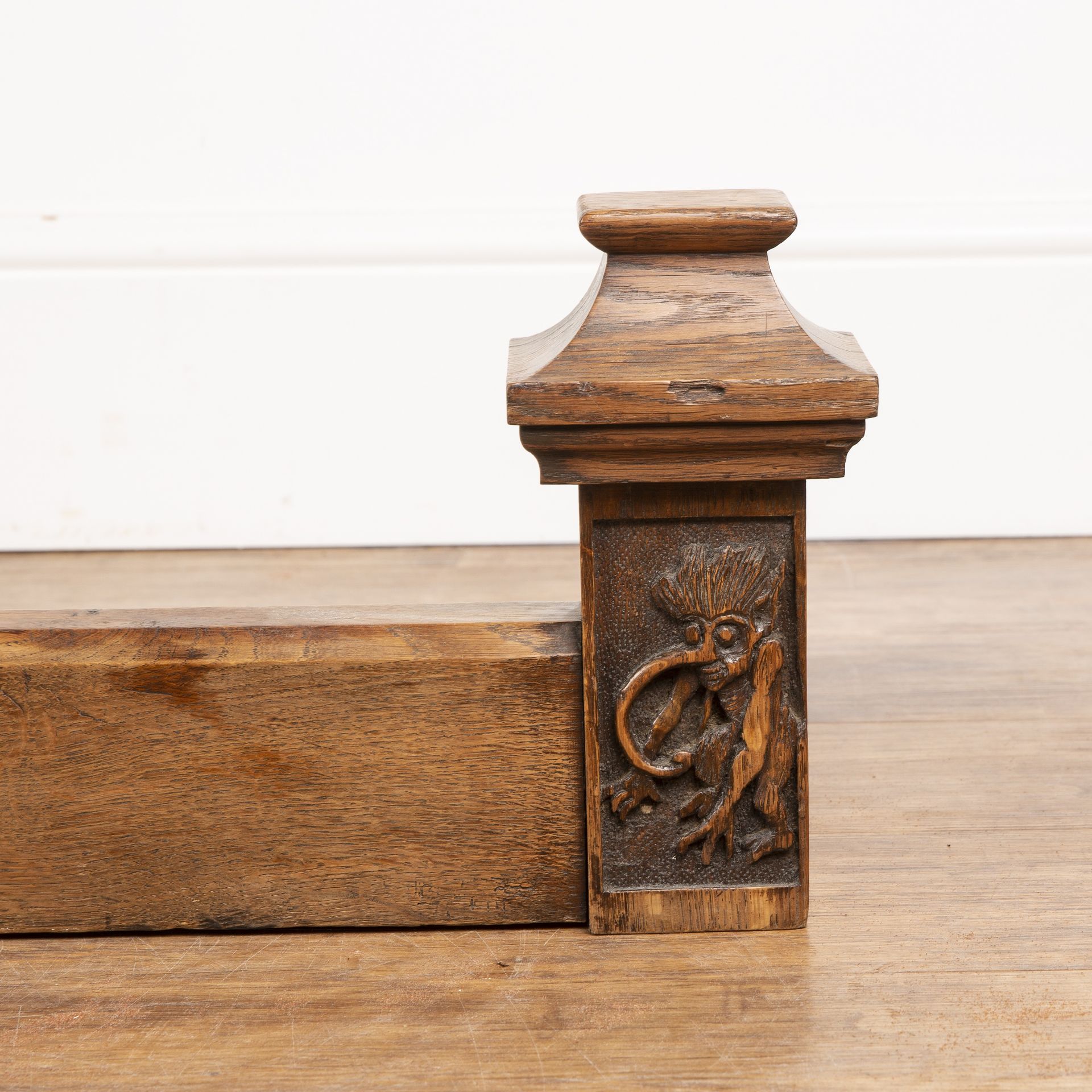 Yorkshire School oak, fire surround or guard, with carved figures at either end, 139.5cm external - Image 2 of 7