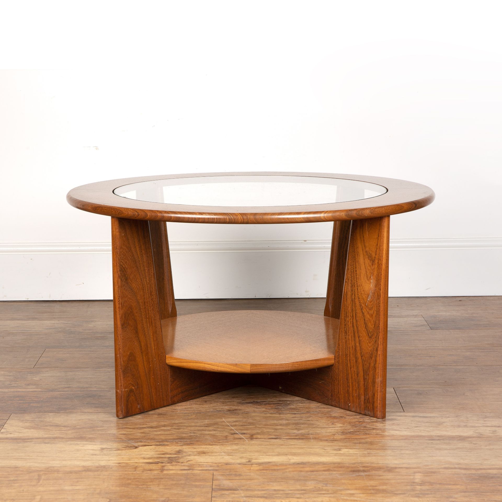 Attributed to G-plan teak, circular coffee table with glass inset top, unmarked, 77.5cm wide x - Image 4 of 5