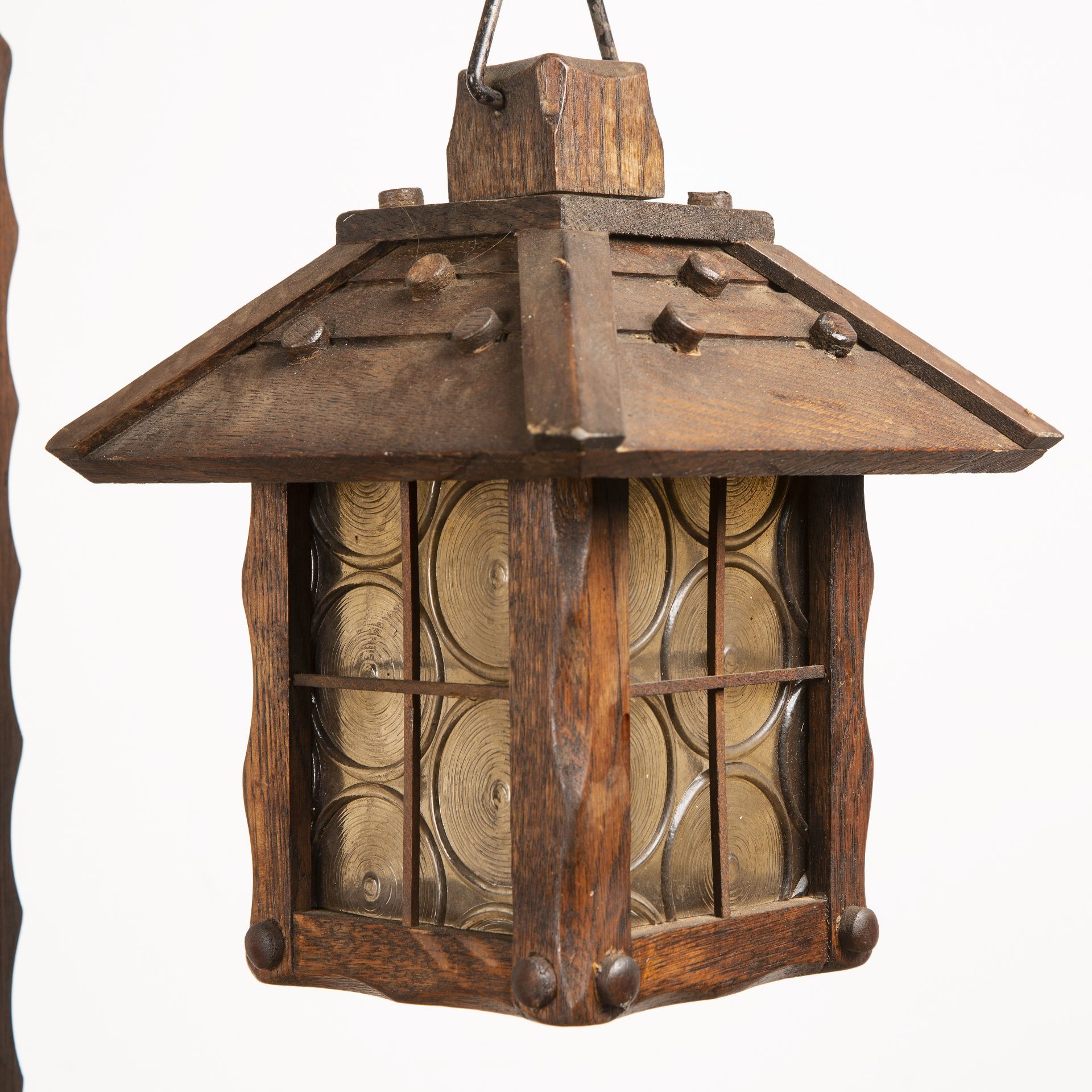 In the manner of Arthur Romney-Green (1872-1945) Arts and Crafts, oak, hanging lantern, the - Image 3 of 3