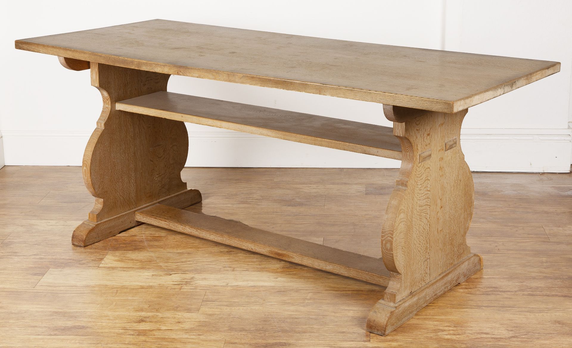 Heals oak, dining or centre table, on lyre-shaped supports, unmarked, 183cm wide x 76cm high x - Image 2 of 4