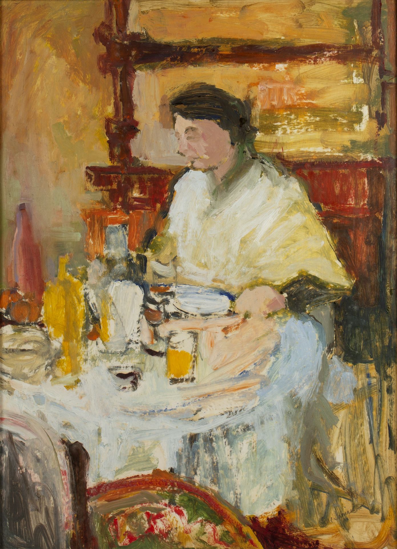 Sue Jamieson (Contemporary) 'Lady at breakfast', oil, signed lower right, 60cm x 43cm Overall