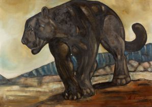 M Mayland (20th Century School) 'Panther', oil on panel, signed lower right, 84cm x 121cm Overall