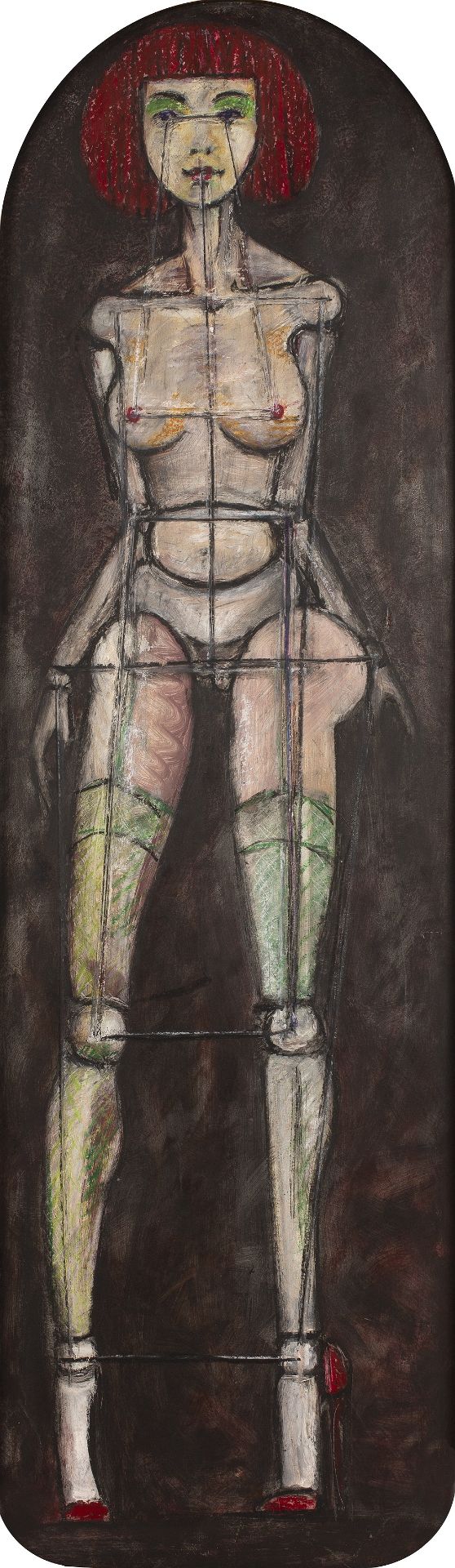 20th Century School 'Nude female with rods', oil on panel, unsigned, 93.5cm x 28cm Scuffs, marks and