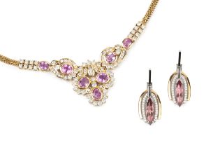A diamond and pink stone necklace, the seven oval cut stones within borders of brilliant cut