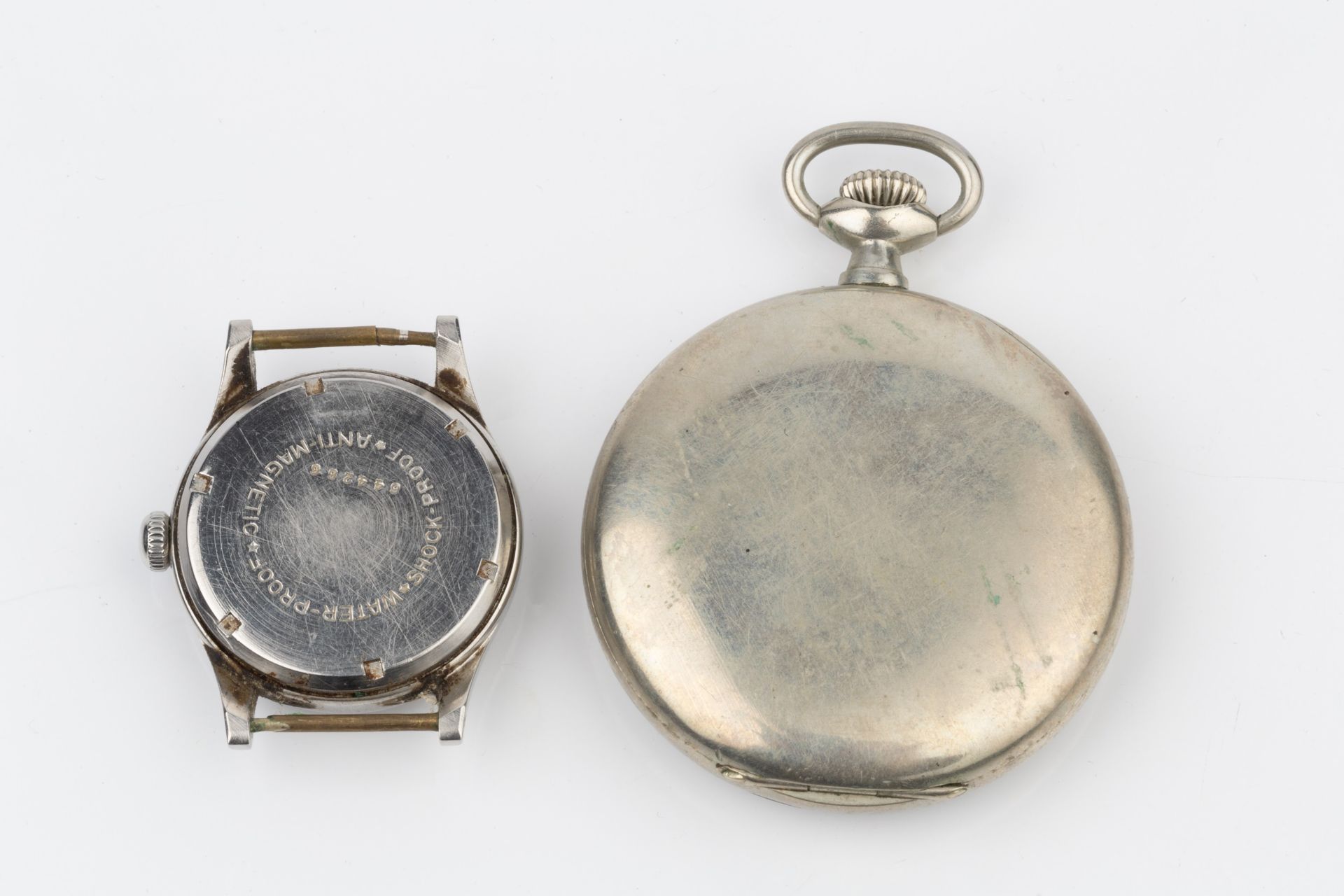 A 1920's nickel pocket watch by Omega, the white enamel dial with Arabic numerals and subsidiary - Image 2 of 2