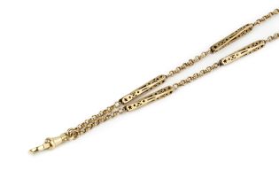 A yellow metal fancy long chain, with pierced rectangular box link spacers, the clasp with Dutch oak