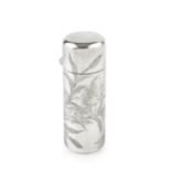 A late Victorian silver cylindrical scent bottle, engraved with songbirds amidst foliage, the hinged