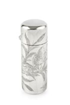 A late Victorian silver cylindrical scent bottle, engraved with songbirds amidst foliage, the hinged