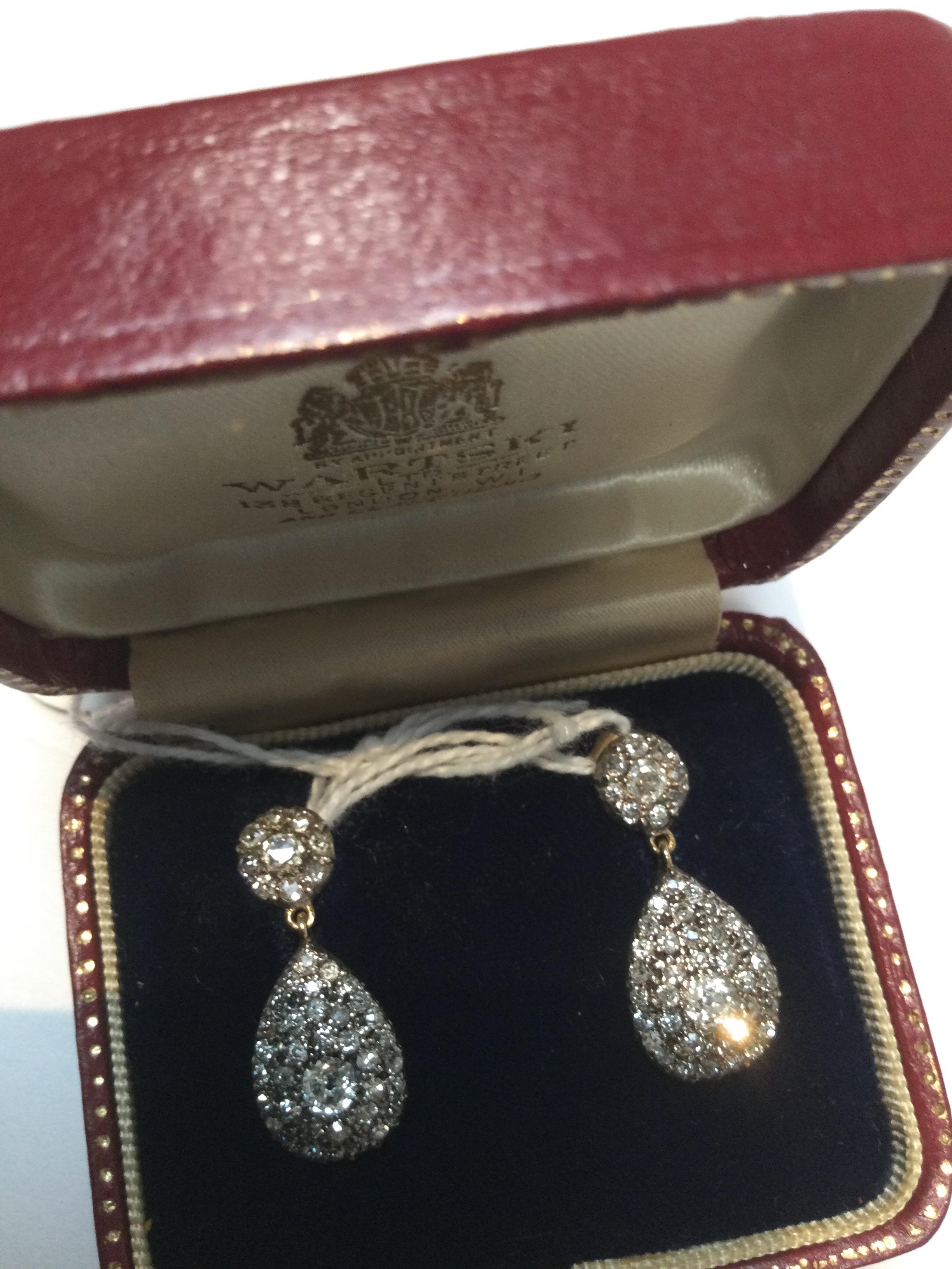A pair of diamond ear pendants, each designed as a circular cluster of old and single-cut - Image 5 of 7