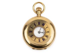 A Continental 18ct gold half hunter fob watch, the case with blue enamel roman numerals, the keyless