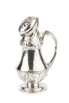 An Edwardian silver Arts & Crafts sugar castor, having angled hinged pierced cover with latch, the