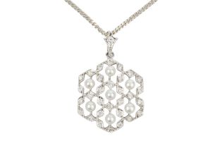 An 18ct white gold, diamond and seed pearl openwork pendant, of hexagonal design, composed of