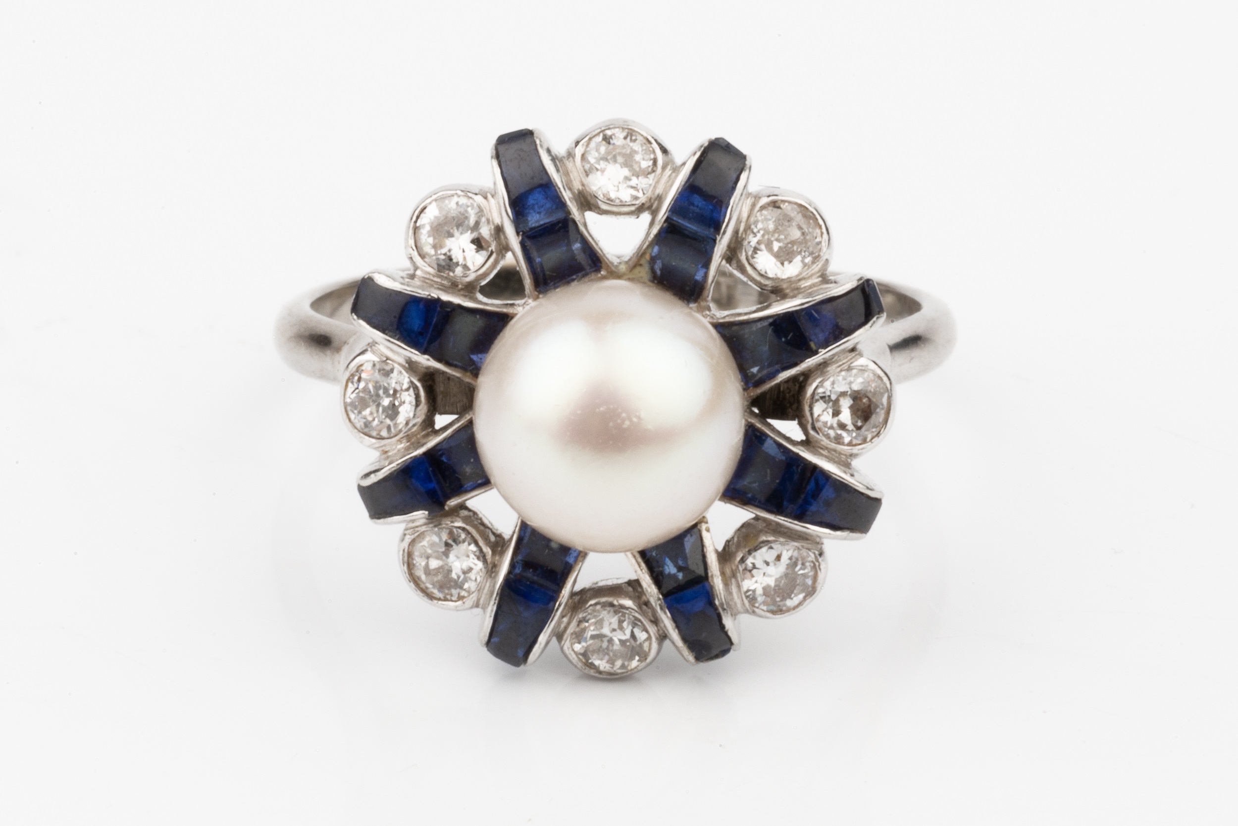 A diamond, sapphire and cultured pearl dress ring, the central pearl (untested) set within a - Image 3 of 4