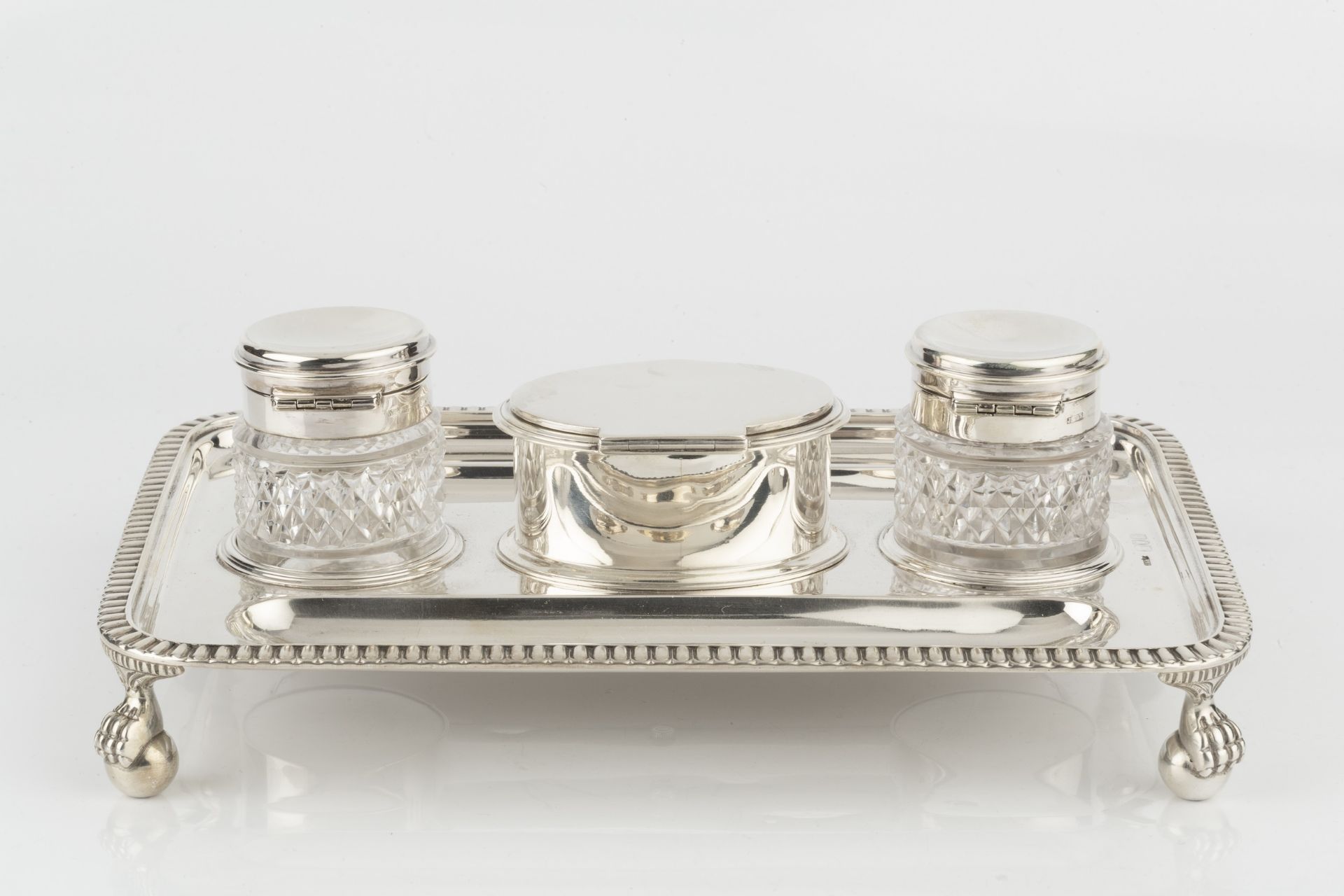 A late Victorian silver inkstand, of rectangular gadrooned form, having central oval hinged lidded - Image 2 of 3