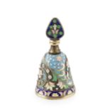 A Russian silver-gilt and cloisonné enamel scent bottle and stopper, of bell form, decorated with
