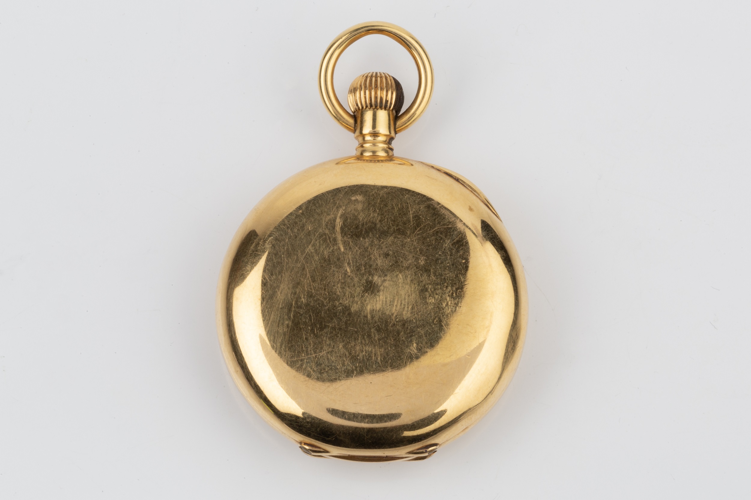 A Continental 18ct gold half hunter fob watch, the case with blue enamel roman numerals, the keyless - Image 2 of 5