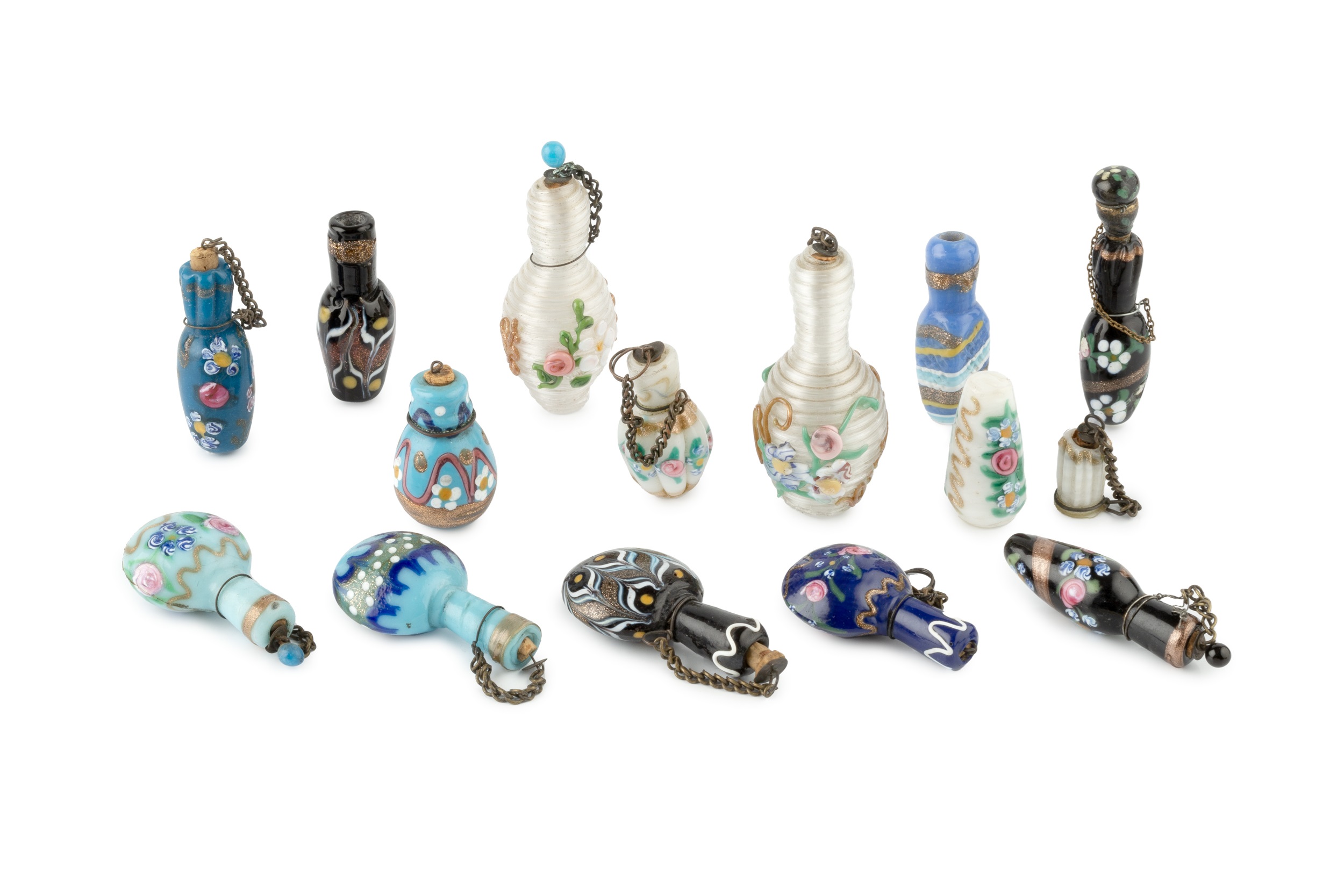 A collection of Murano miniature glass scent bottles, comprising six blue and four black examples,