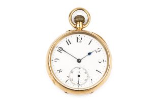 An 18ct gold open face pocket watch, the white enamel dial with Arabic numerals and subsidiary