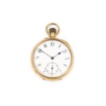 An 18ct gold open face pocket watch, the white enamel dial with Arabic numerals and subsidiary