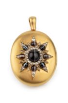 A mid Victorian oval locket pendant, the hinged front set with diamonds and cabochon banded agate in