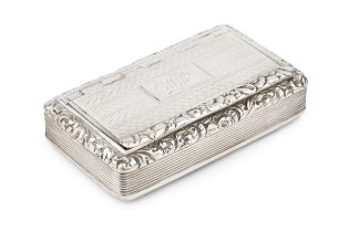 A George IV silver rectangular snuff box, having foliate cast border with engraved decoration and