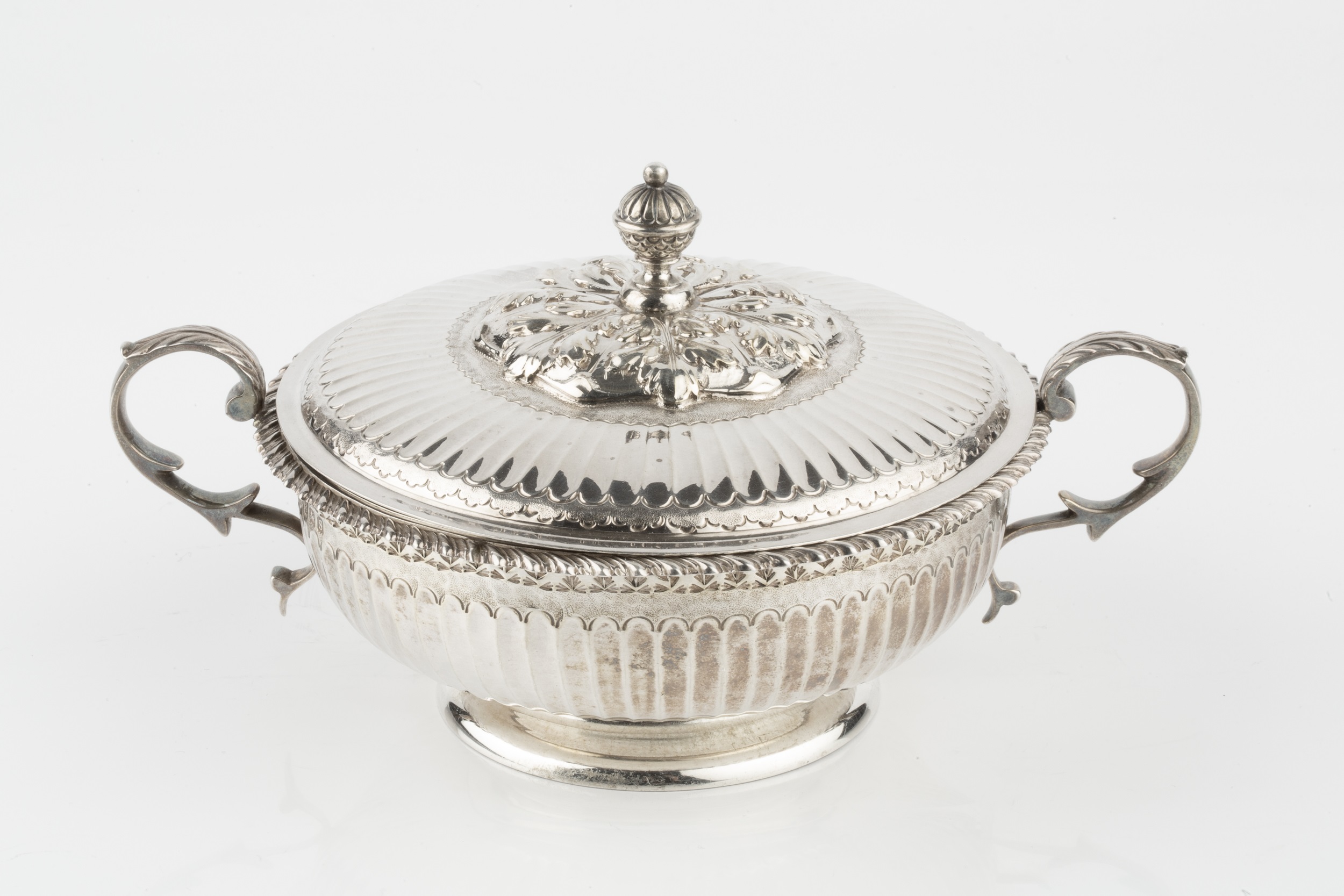 A George V silver twin handled shallow bowl and cover, with gadrooned border, fluted decoration, - Image 2 of 3