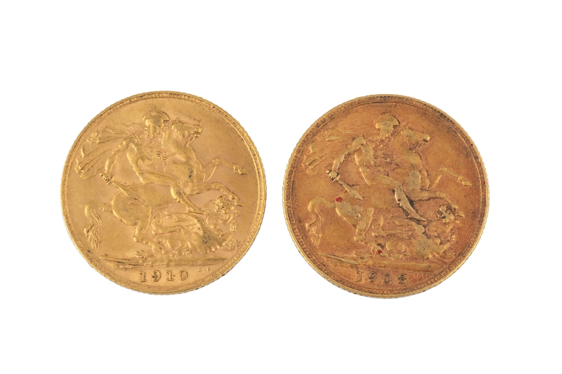 An Edward VII sovereign, 1908, and another, 1910. (2)