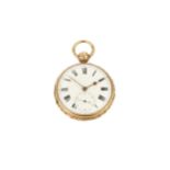A Victorian 18ct gold open face pocket watch, the white enamel dial with Roman numerals and having