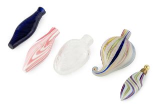 A 19th century Murano glass scent bottle, of shaped form with curled base, having bands of coloured,