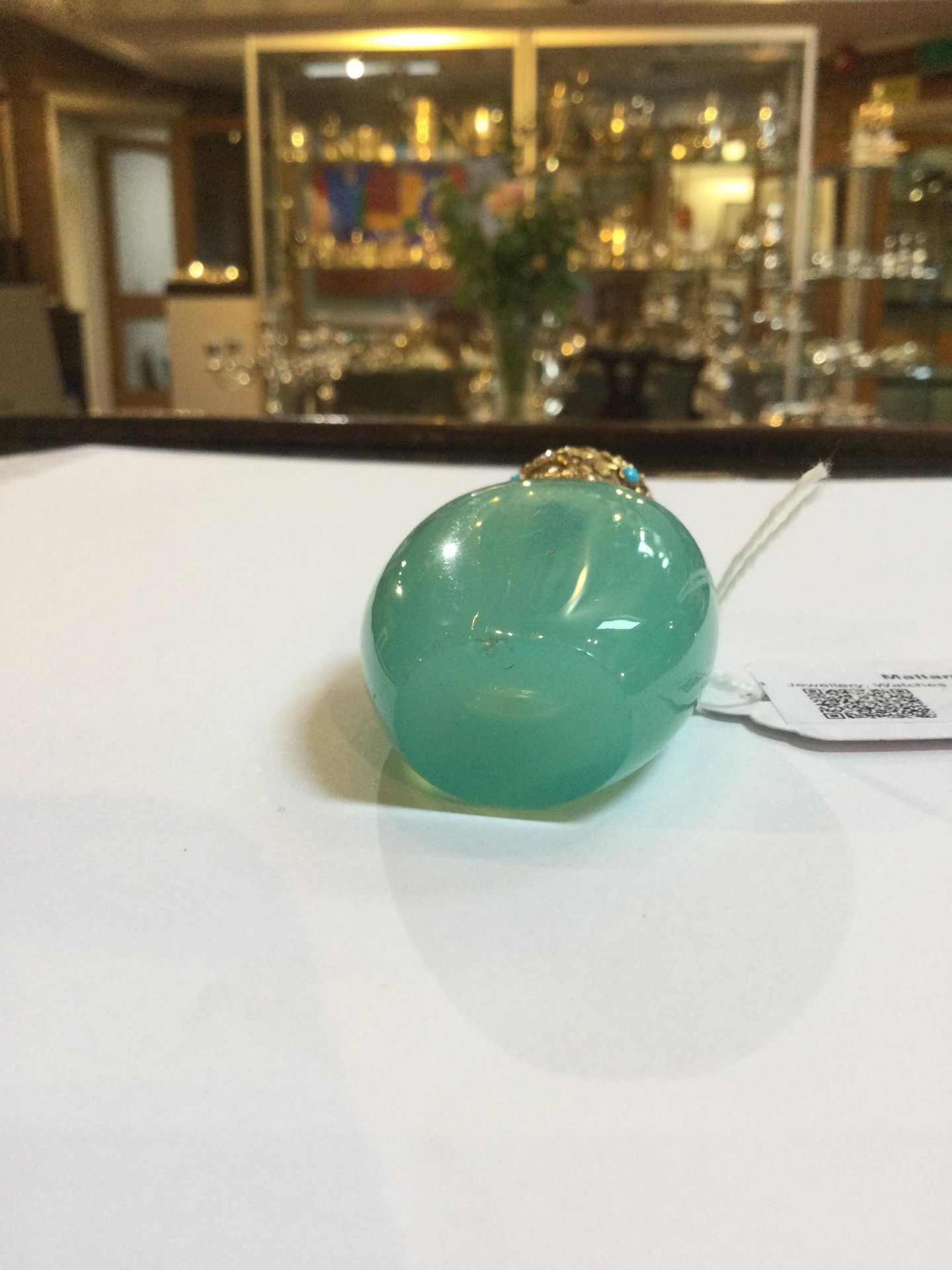 A 19th century French gold mounted opaline glass scent bottle, the turquoise glass body of ovoid - Bild 9 aus 11