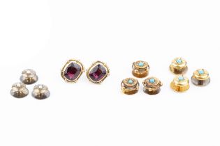 A pair of garnet ear studs, in unmarked yellow metal mounts, 1.2cm, a set of three 15ct gold