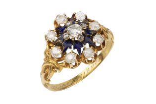 A mid Victorian 18ct gold, diamond and enamel memorial ring, set with nine old cut diamonds in a