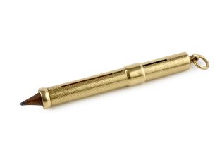 A gold propelling pencil, with engine turned decoration, the suspension ring stamped 585, 7.5cm