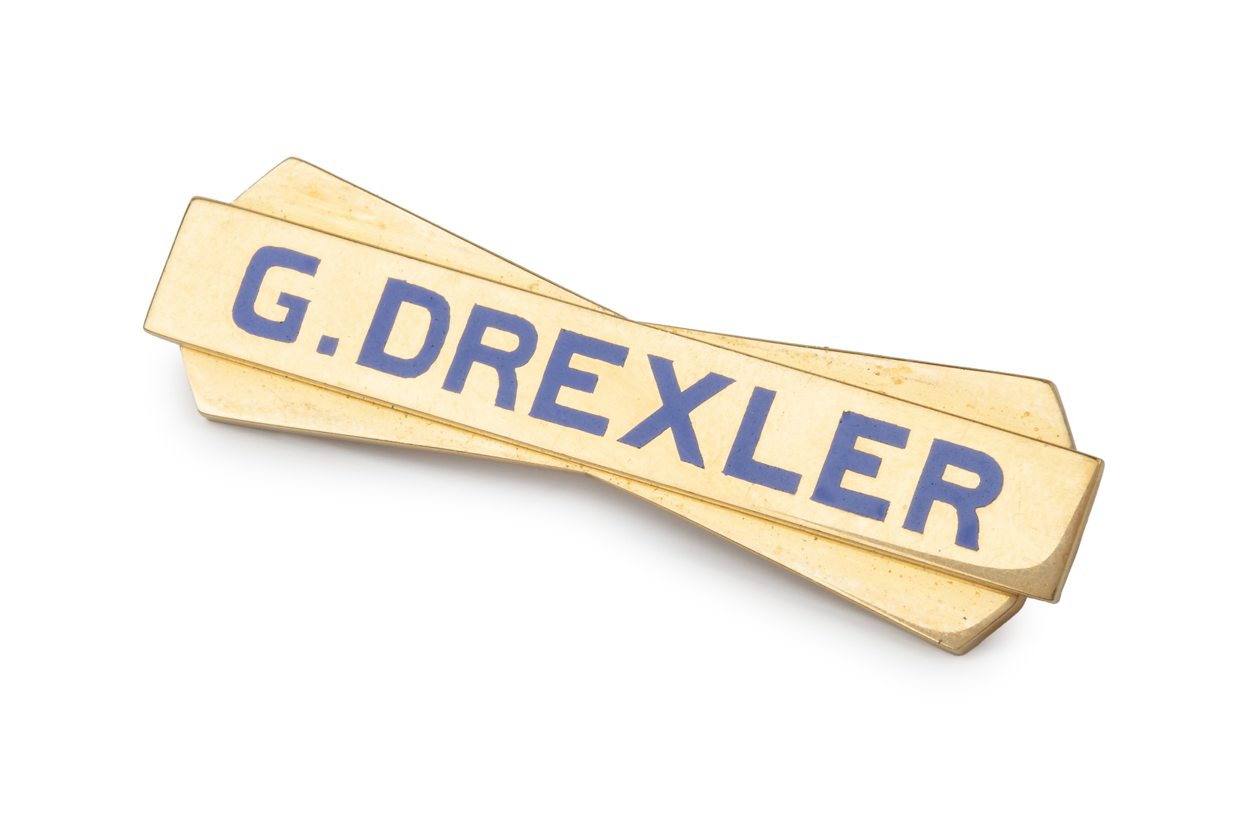 An 18ct yellow gold bar brooch, of angular design, with inset blue enamel name 'G. Drexler', stamped - Image 2 of 3