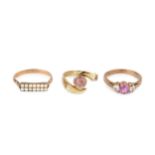 A 9ct gold dress ring, set with a single pink cabochon stone, the shank stamped 375, a pink and