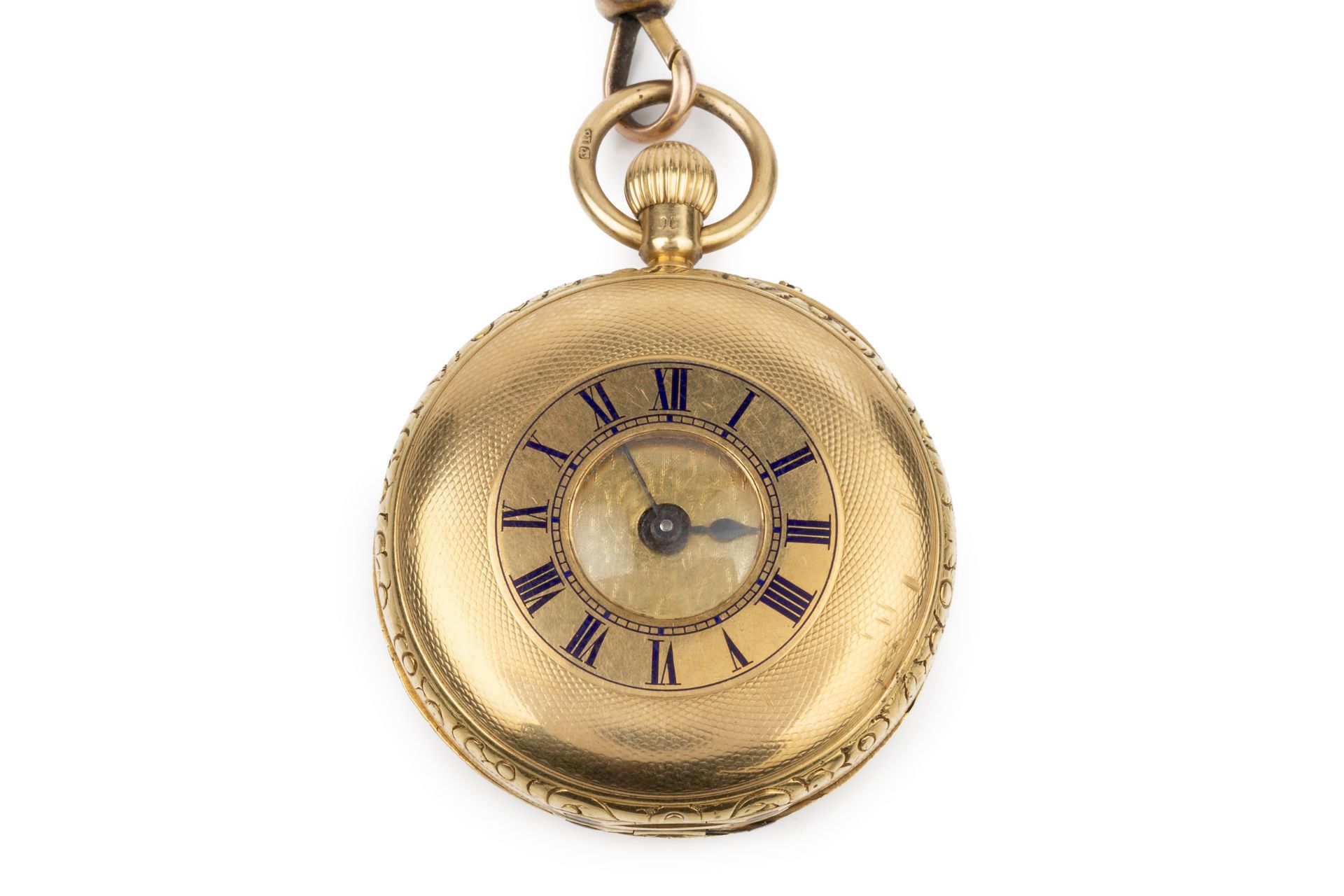 A George V 18ct gold half hunter pocket watch, the engine turned case with blue enamel roman - Bild 2 aus 6