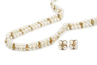An 18ct gold and cultured pearl twin strand choker, the two strands united by alternating diamond