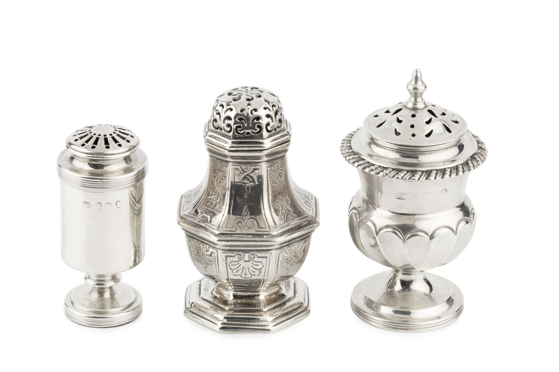 An early Victorian silver spice box, of octagonal baluster form with engraved decoration and pierced