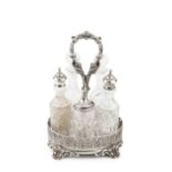 A Portuguese silver oval cruet stand, the pierced gallery with repeated stylised leaf and arch