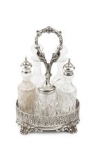 A Portuguese silver oval cruet stand, the pierced gallery with repeated stylised leaf and arch